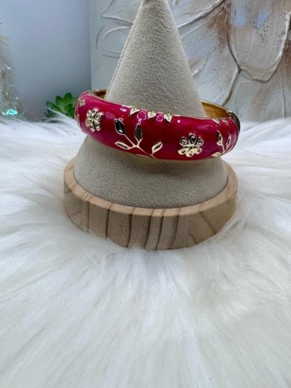 The Red and Gold Thick Enamel Floral Design Bangle Bracelet